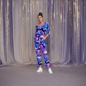 C&C Studio Royal Blue Pink Floral Print 100% Polyester Belted Zip Front Jumpsuit